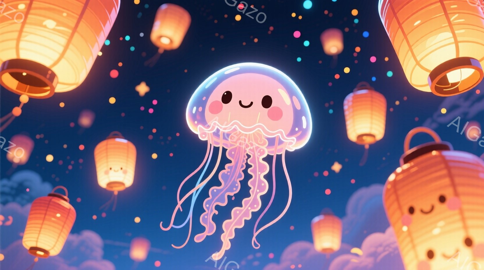 空には、たくさんの光る提灯が浮かび、淡いピンクと紫色のグラデーションが美しい夜空を彩っています。中央には、透明感のあるピンク色のクラゲが優雅に漂い、丸い目に愛らしい表情を浮かべています。全体的に幻想的で、穏やかで温かい雰囲気です。