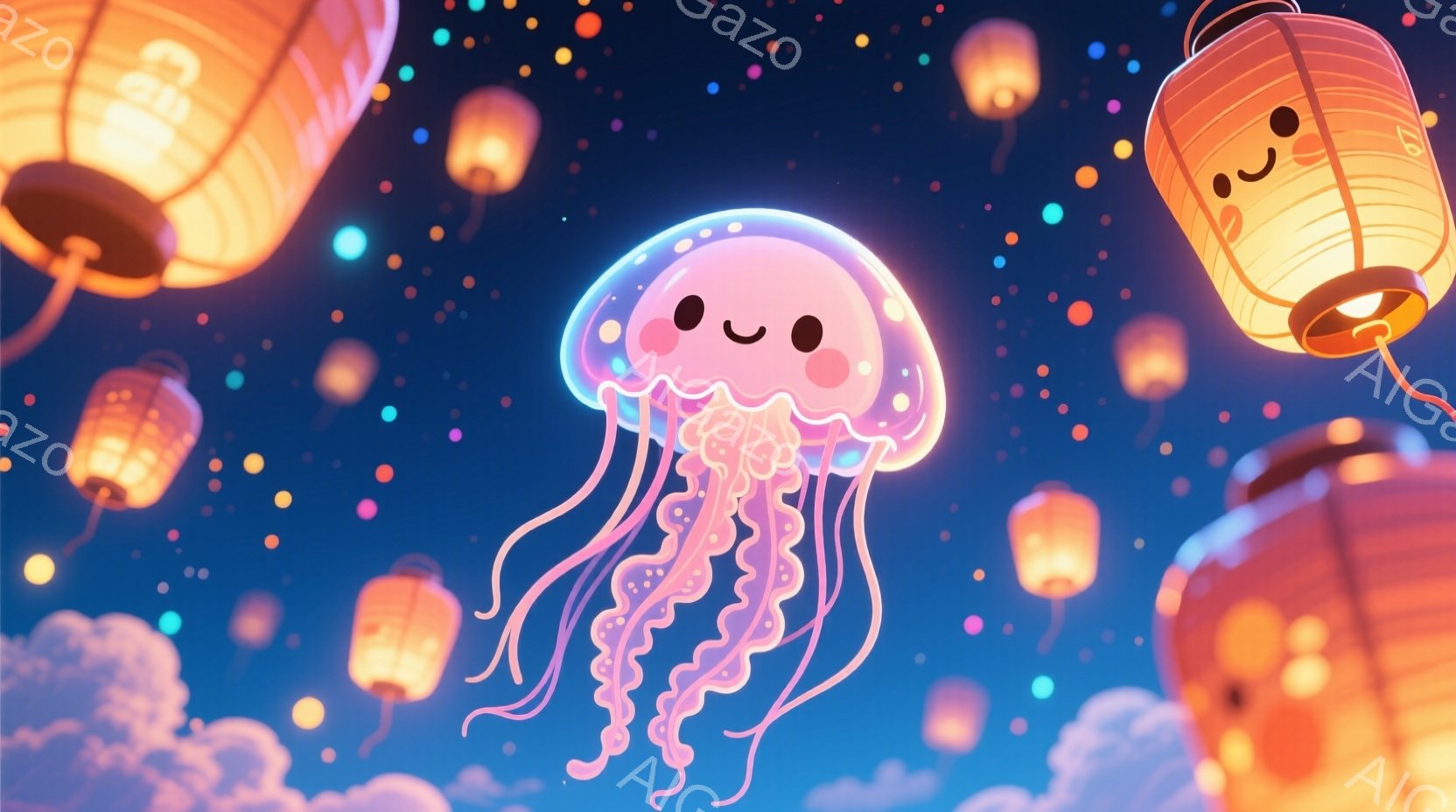 鮮やかな青と紫のグラデーションが広がる夜空を背景に、愛らしいクラゲが浮かんでいます。クラゲはピンク色を基調とし、触手は淡いピンクと紫で、つぶらな瞳と微笑みが特徴的です。周囲には、温かい光を放つ提灯が多 - AI生成フリー素材