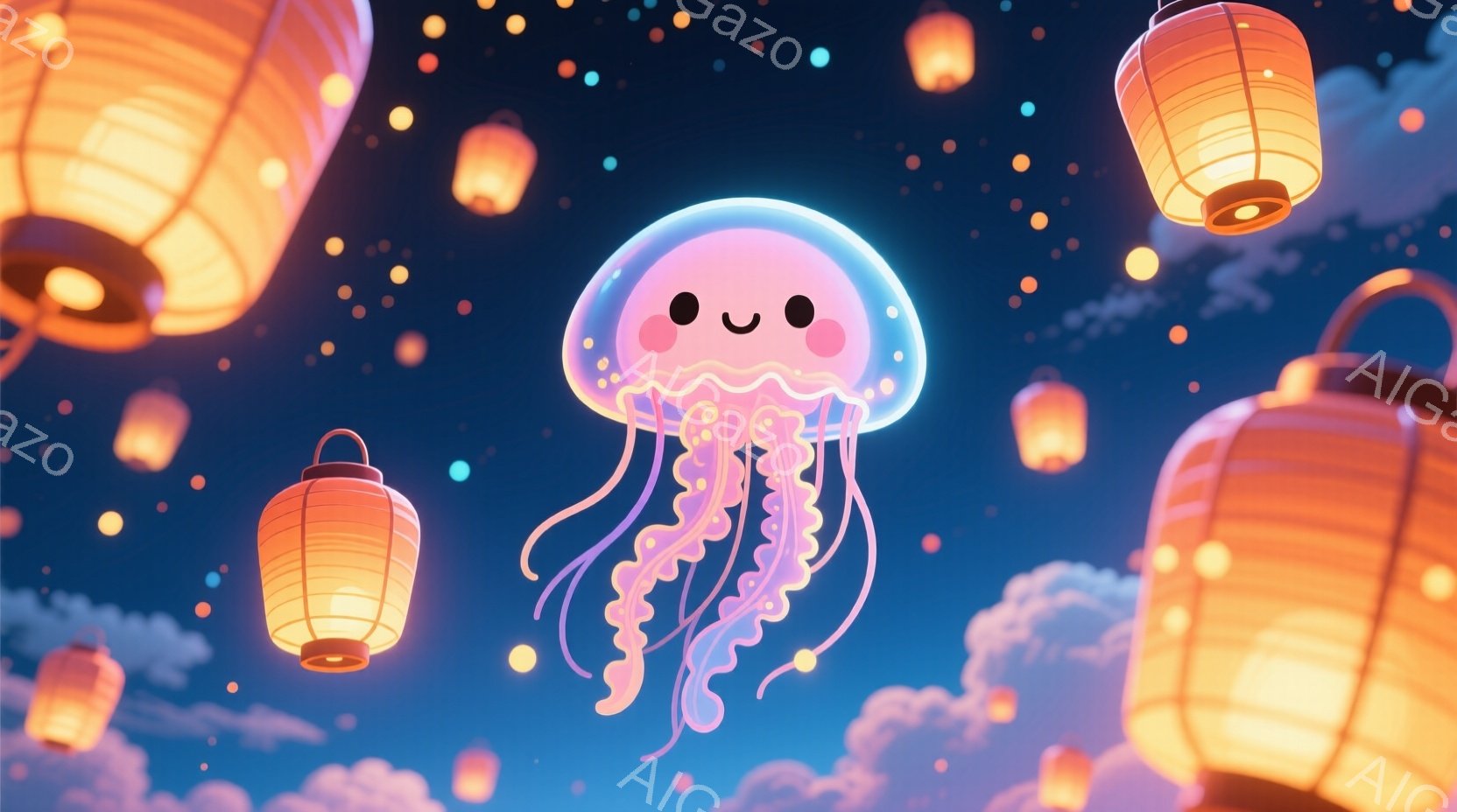 柔らかいピンク色のクラゲが、雲と提灯が浮かぶ夜空を漂っている。提灯は暖かくオレンジ色に光り、空には小さな光の粒が散らばっている。全体的に幻想的で、穏やかな雰囲気が漂っている。
