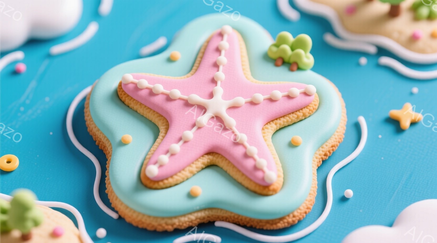 明るい水色の背景に、ピンクと水色のアイシングでデコレーションされた星形のクッキーが中央に配置されています。クッキーの縁は茶色く、水色のアイシングで囲まれ、ピンクのアイシングで星形が描かれています。背景には、他のクッキーや小さな貝殻のような飾りがあり、全体的に海洋をテーマにしたお菓子の写真です。