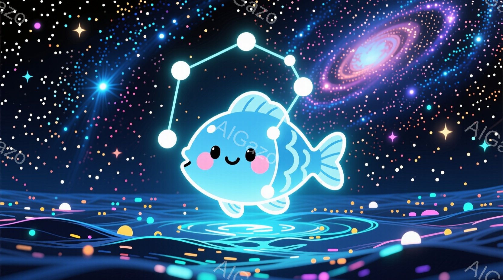 青い魚が、水面のような光る波紋の上に浮かんでおり、その上空には光る円で囲まれています。魚は丸い目と可愛らしい笑顔で、非常に愛らしい表情をしています。背景は暗い宇宙空間で、小さな星や光る斑点が散りばめられており、幻想的な雰囲気を醸し出しています。
