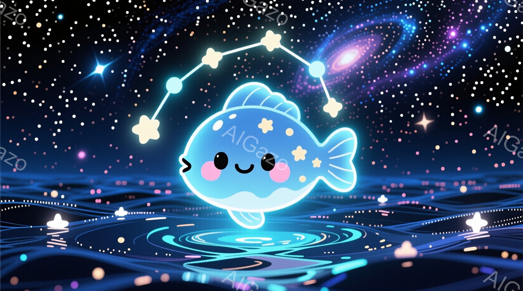 可愛らしい水色の魚が、星屑のような光る粒子に囲まれて水面の上に浮かんでいます。魚の周りには星形の光が連なり、まるで星座のように輝き、表情は穏やかで微笑んでいます。背景は深い青色を基調とし、水面に反射す - AI生成フリー素材