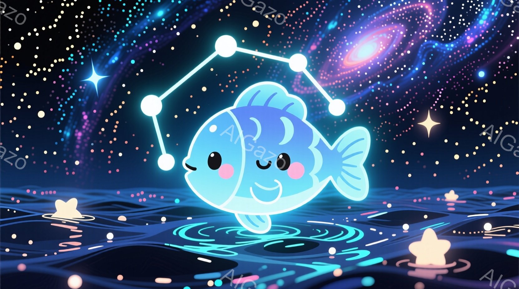 鮮やかな水色の魚が、水面に浮かび、微笑んでいます。周囲には、ピンクと紫の小さな光の粒子が散りばめられ、水面には波紋が広がっています。背景は暗い青色を基調とし、星空のように輝く粒子で満たされ、幻想的な雰 - AI生成フリー素材