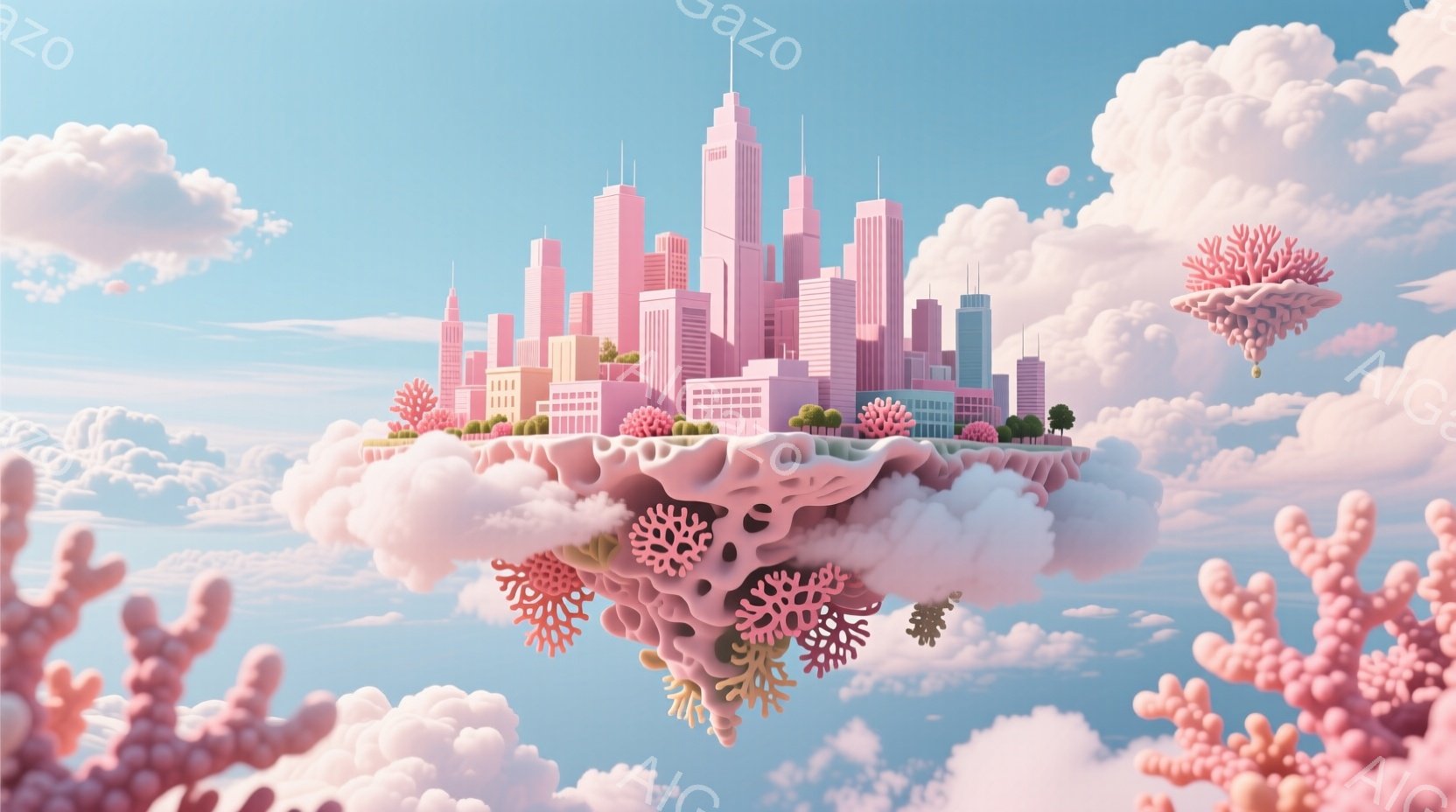 鮮やかなピンクと白を基調とした幻想的な風景が広がっている。浮遊する雲の上に、可愛らしいピンクの建物が密集した未来都市が建設されており、その周りにはピンク色のサンゴのような装飾が点在している。空は穏やか - AI生成フリー素材