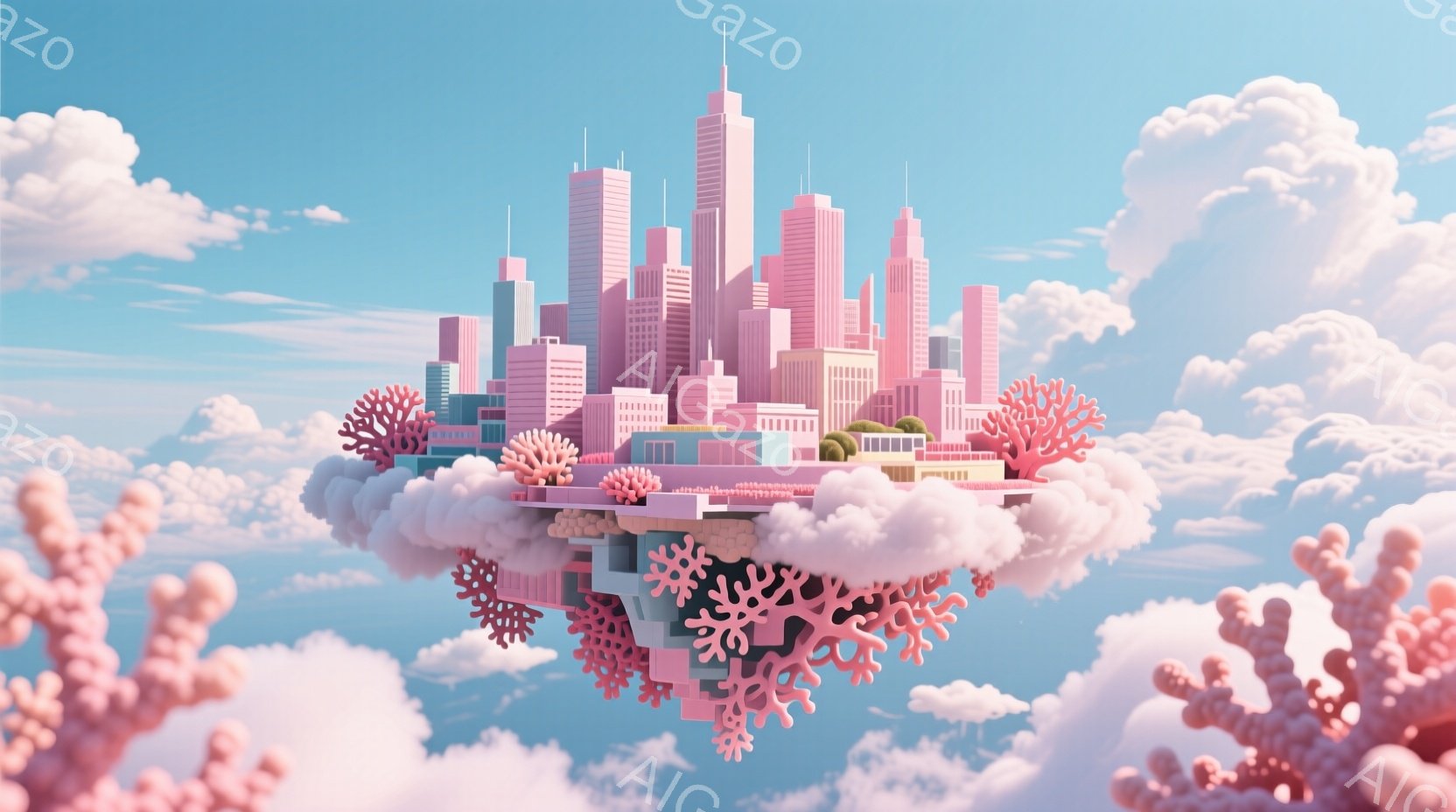 雲の上に浮かぶピンク色の都市が印象的な画像です。建物は多様な高さとデザインを持ち、珊瑚のような装飾が周囲を彩っています。背景には青い空とふわふわとした雲が広がり、夢幻的で穏やかな雰囲気を醸し出していま - AI生成フリー素材