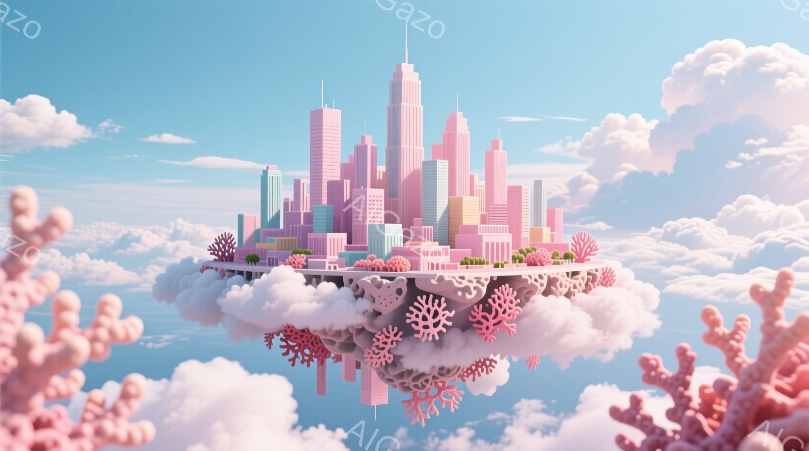 空に浮かぶ雲の上に、パステルカラーの建物が密集した未来的な都市が広がっています。雲はピンク色の珊瑚のような構造物で縁取られており、鮮やかな青空と白い雲が背景に広がっています。全体的に、夢のような、幻想 - AI生成フリー素材