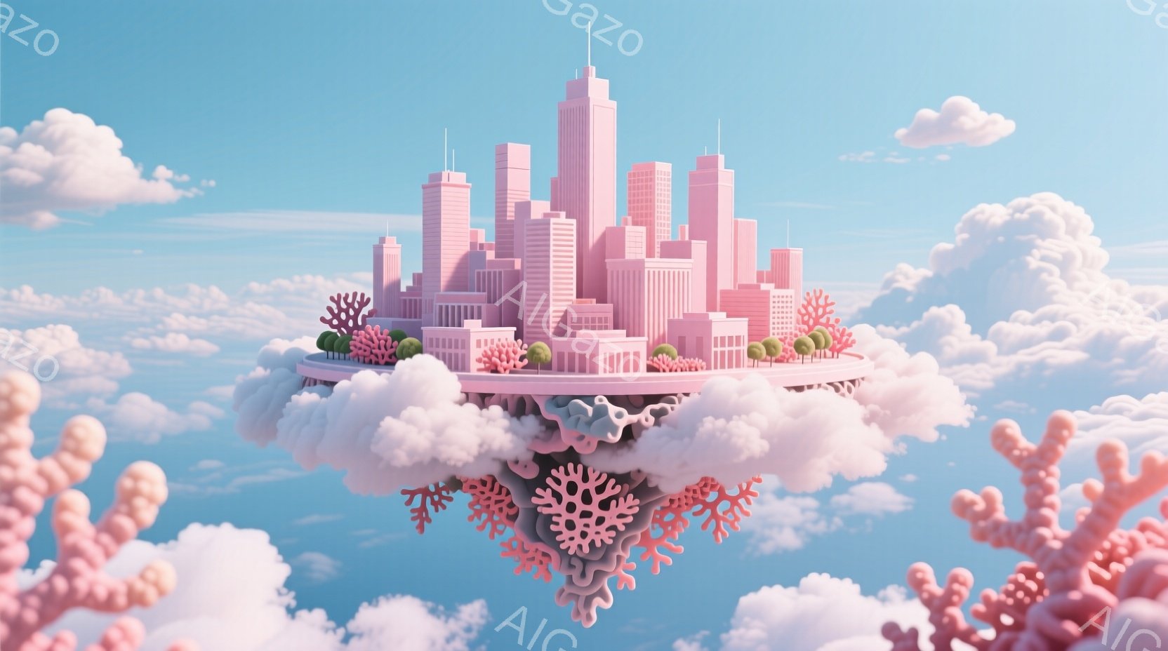 空中に浮かぶ雲の島に、ピンク色の建物が密集して建ち並んでいます。鮮やかな珊瑚のような装飾が雲の島の下に生えており、背景には青空とふわふわとした雲が広がっています。全体的に夢幻的で、可愛らしい雰囲気です - AI生成フリー素材