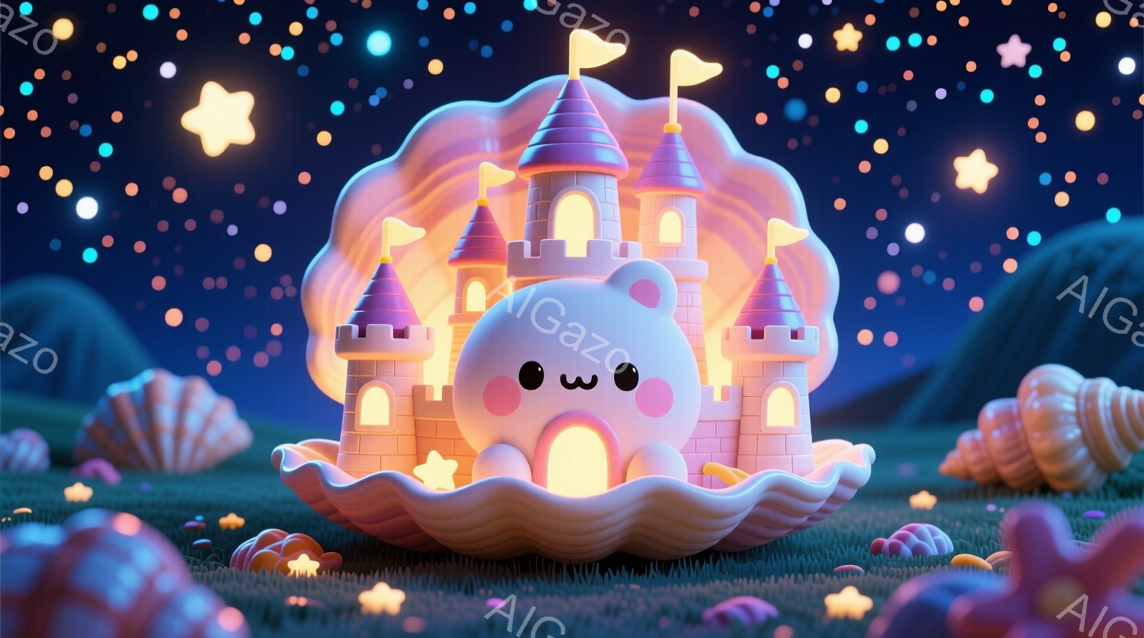 淡いピンク色の可愛らしいお城が、大きな貝殻の中に浮かんでいる様子が描かれています。お城はシンプルで丸みを帯びたデザインで、小さな塔と旗が特徴的です。背景には緑の草地と、様々な形の貝殻、そして無数の星が - AI生成フリー素材