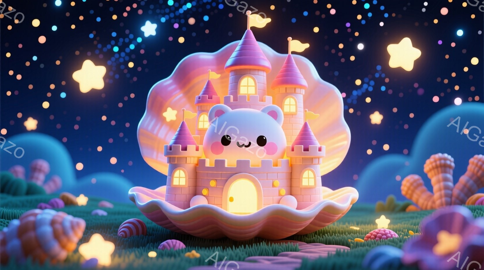 貝殻のような台座の上に、かわいらしいピンク色の城が建っています。城は丸みを帯びたデザインで、窓からは優しい光が漏れており、まるで妖精が住んでいるような雰囲気です。背景には、パステルカラーの丘や星が散り - AI生成フリー素材