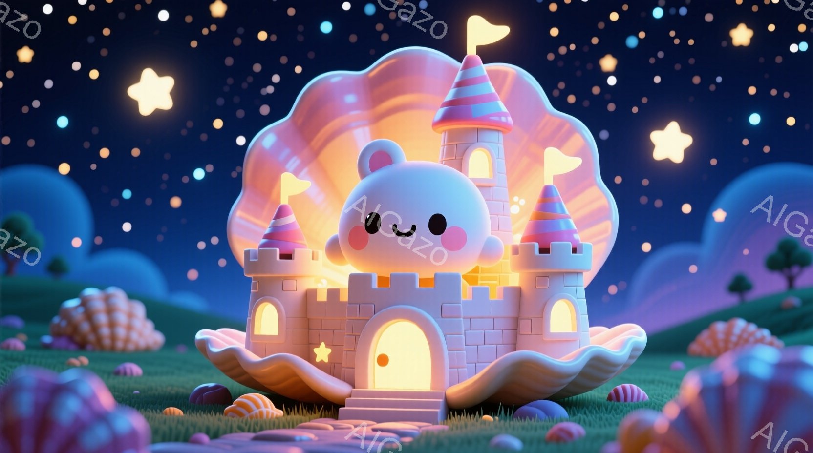 柔らかいピンク色の光を放つ、お城のような可愛らしい建物が描かれています。周りには緑の草が生い茂り、ピンクと白の縞模様のキノコや、丸い茂みが点在しています。背景には穏やかな紫色や水色の丘が広がり、夜空に - AI生成フリー素材