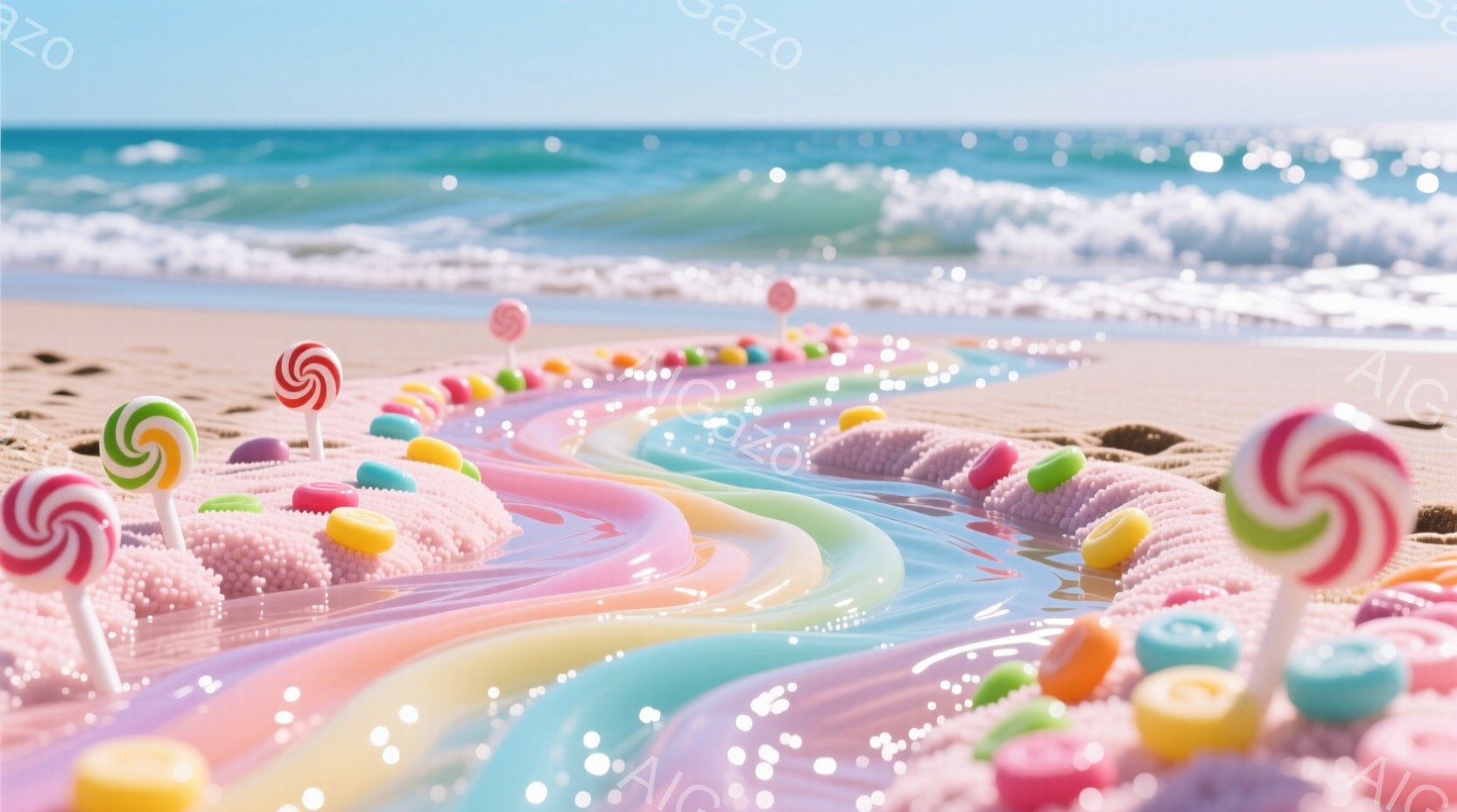 砂浜に虹色のキャンディが流れるような奇妙な光景が広がっている。キャンディは渦巻き状の棒付きキャンディや小さな粒状のキャンディで構成され、まるで道のように砂浜を蛇行している。背景には穏やかな青い海と、明 - AI生成フリー素材