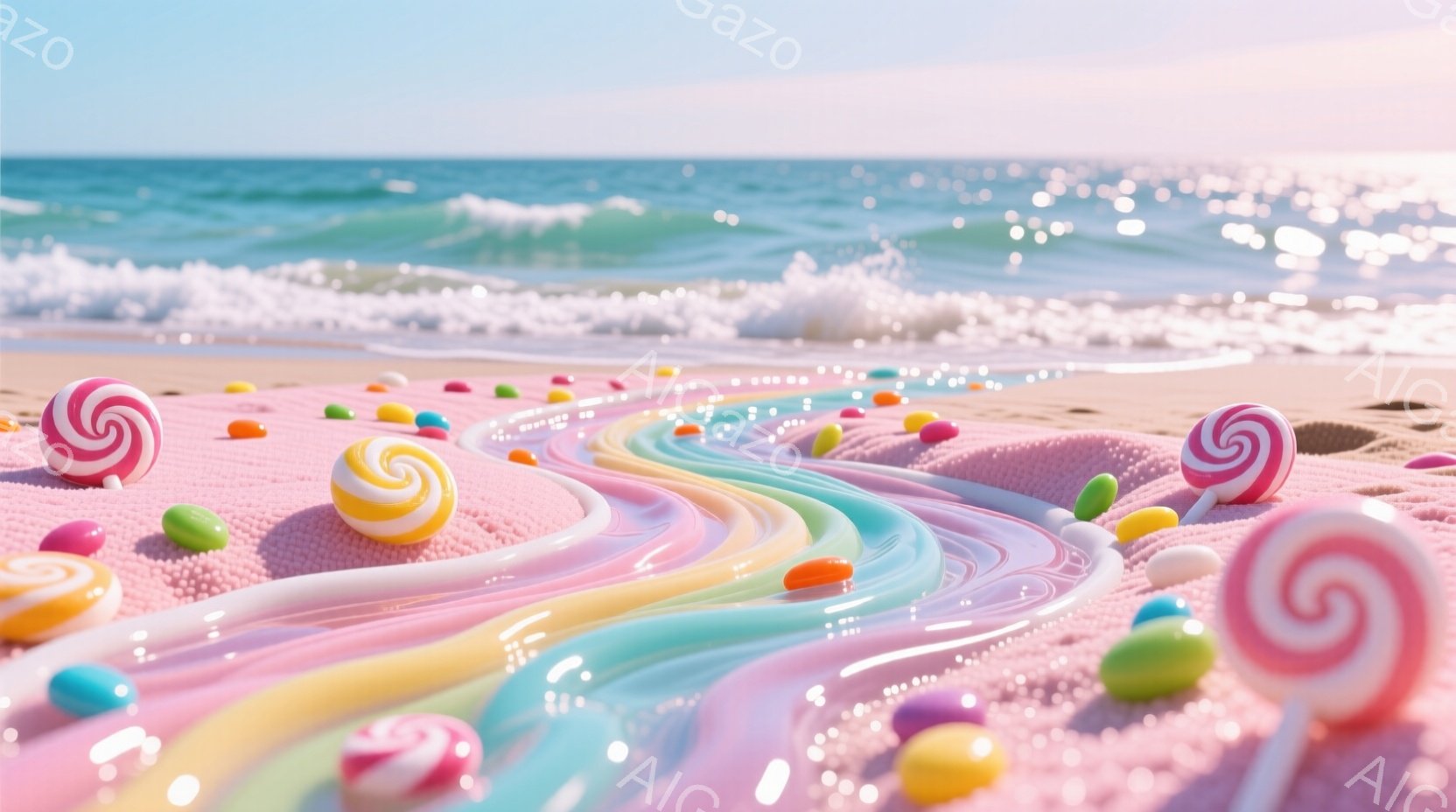 砂浜にカラフルなキャンディが流れ出るような幻想的な光景が広がっています。ピンク、紫、水色、黄色などのパステルカラーのキャンディが、まるで川のように砂浜を流れており、可愛らしい丸いキャンディも散らばって - AI生成フリー素材