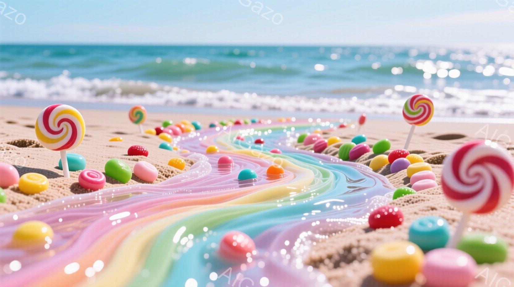 砂浜に虹色のキャンディの道が流れる幻想的な風景です。道に沿って、様々な色の棒付きキャンディが散りばめられ、明るい日差しと青い海のコントラストが鮮やかさを際立たせています。全体的に、夢のような、遊び心の - AI生成フリー素材