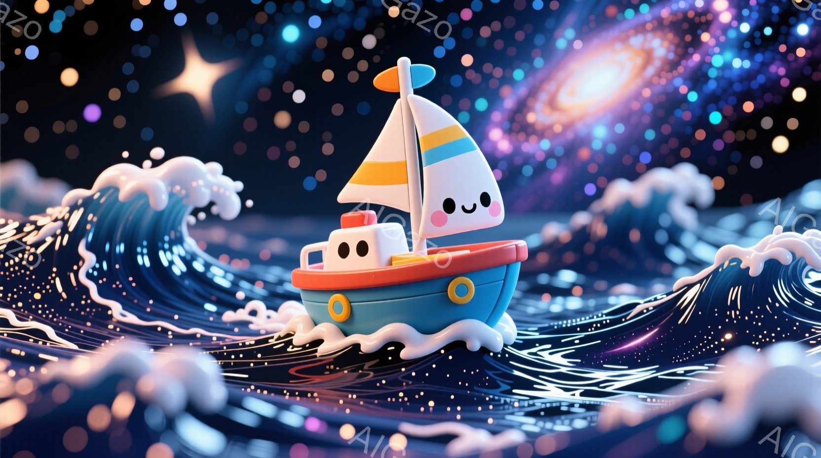 鮮やかな水色の小さな船が、渦巻く青い波の上を航行しています。船には愛らしい笑顔と丸い目が描かれており、オレンジ色の救命胴衣を身につけています。背景には無数の星と銀河が広がり、幻想的で夢のような雰囲気を - AI生成フリー素材
