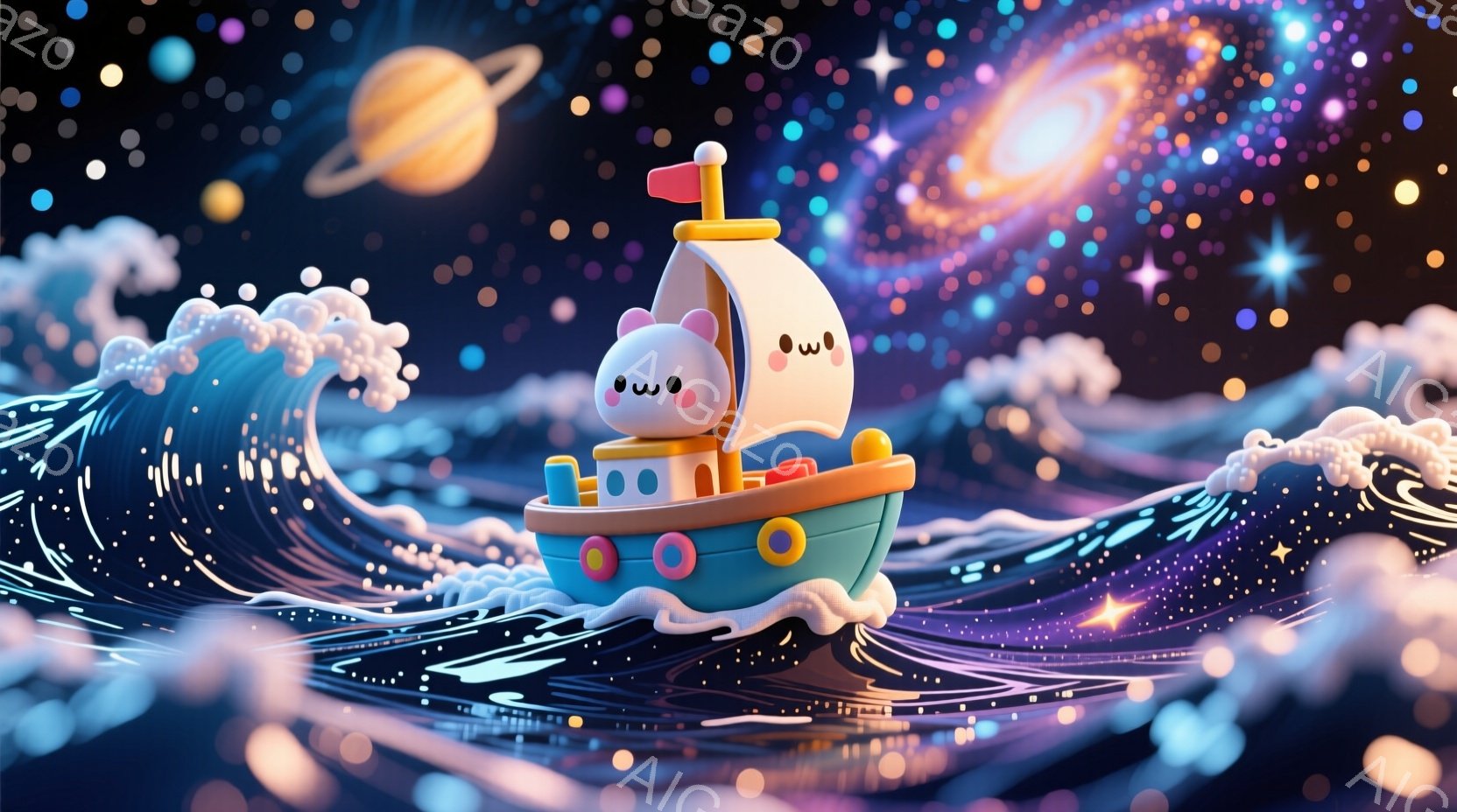 丸い顔をした可愛らしいキャラクターが、オレンジと水色の船の前に立っており、嬉しそうな表情をしています。背景には、キラキラと輝く星々や、青と紫の渦巻く波が広がり、夢のような幻想的な雰囲気を醸し出していま - AI生成フリー素材