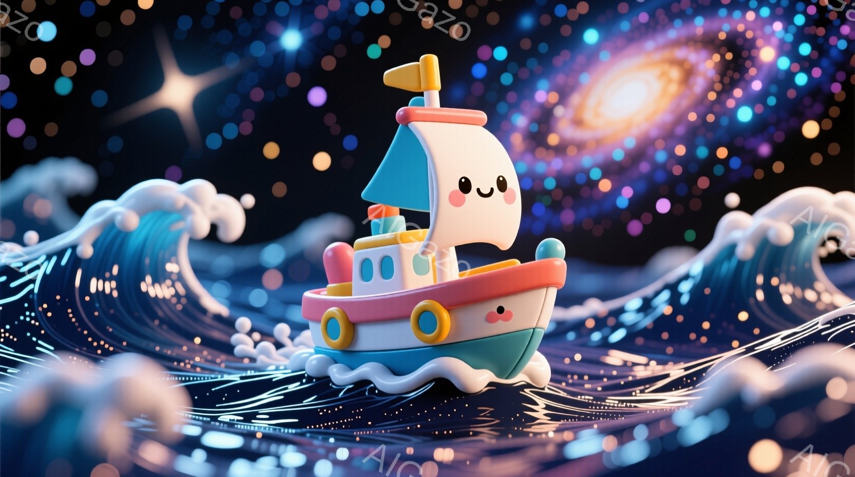 明るい緑色の小さな船が、波打つ紺碧の海を航海している様子が描かれています。船は愛らしい表情をしており、黄色い窓と赤い救命胴衣が特徴的で、マストには日本の国旗のようなデザインが翻っています。背景には、星 - AI生成フリー素材