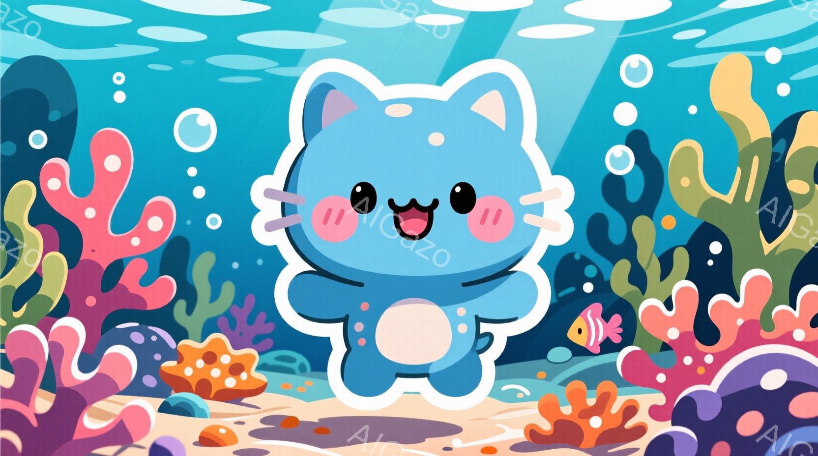青い色の可愛らしい猫のキャラクターが描かれており、丸い体型で短い足、頬には赤い丸い色が付いています。キャラクターは嬉しそうな笑顔で、背景にはピンクやオレンジ色のサンゴ礁や小さな魚が配置され、水中の明る - AI生成フリー素材