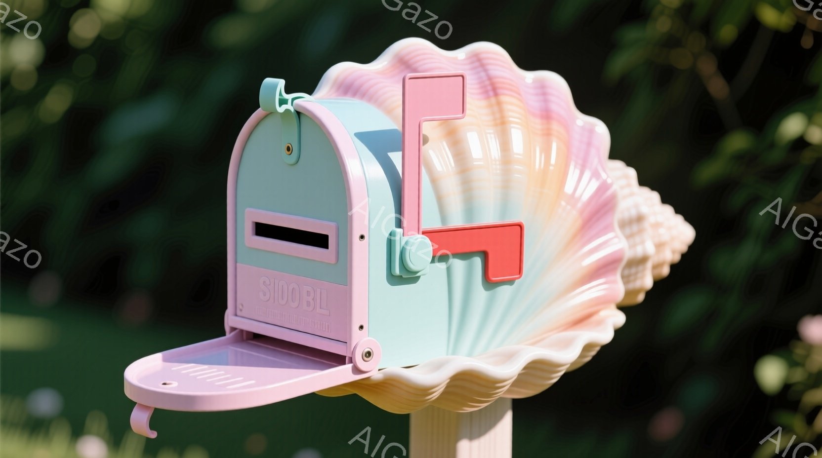 鮮やかなピンクと水色のメールボックスが、緑豊かな背景に際立って見えます。貝殻のような独特の形状で、レトロな雰囲気を醸し出しており、日当たりの良い屋外に設置されています。背景にはぼやけた緑の植物が見え、全体的に穏やかでカラフルな印象を与えます。