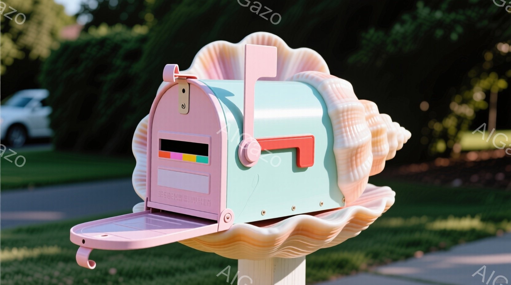ターコイズブルーとピンクのユニークなデザインの郵便受けが、緑の芝生の上に設置されています。郵便受けは貝殻の形をしており、明るい日差しの中で鮮やかな色合いが際立っています。背景には住宅と木々が見え、穏やかで平和な郊外の雰囲気を醸し出しています。