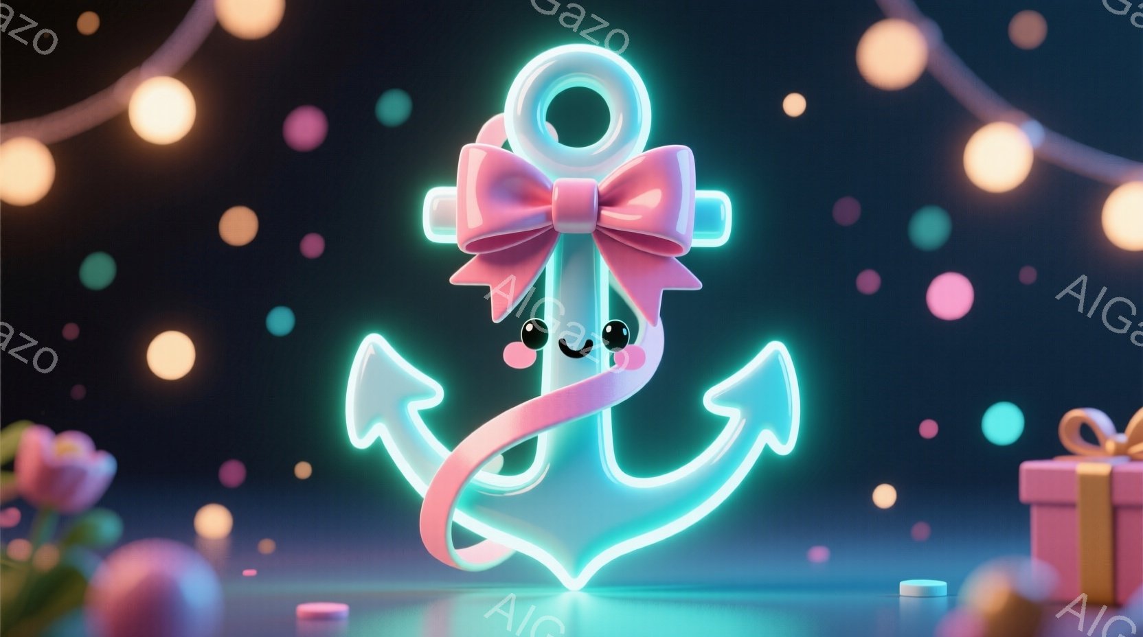 明るいネオンブルーの錨が、可愛らしいピンクのリボンで飾られています。錨は微笑んでおり、全体的に暖かく、お祝いのような雰囲気です。背景は暗い青色で、様々な色の光る球体が散りばめられ、さらにピンクや水色の - AI生成フリー素材