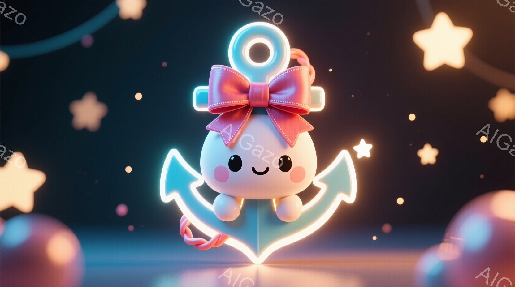 これは、まるで生きているかのような愛らしいイカのキャラクターです。大きな目とほのかな笑顔が特徴で、頭にはリボンが付いたアンカー型の帽子を被っています。背景は暗い青色で、輝く星や球体があり、ファンタジーで夢のような雰囲気を醸し出しています。