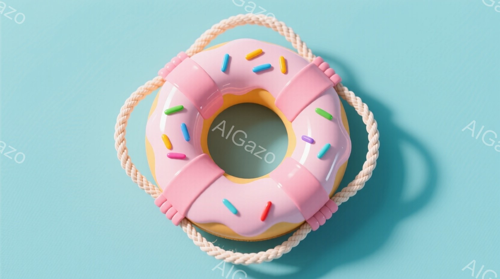 明るい水色の背景に、ピンク色のドーナツ型の浮き輪が置かれています。ドーナツの上にはカラフルなスプリンクルが散りばめられ、浮き輪を囲むように太い縄が巻き付いています。全体的に、夏や水遊びを連想させる、ポップで遊び心のある雰囲気です。
