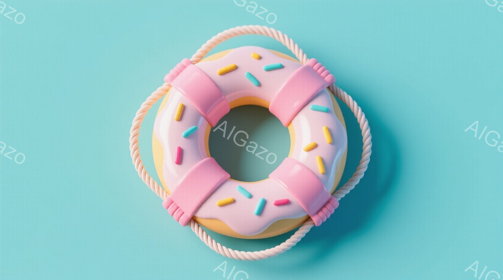 明るい水色の背景に、ピンク色のライフリングが描かれています。リングはクリーム色で覆われ、カラフルなスプリンクルが散りばめられており、ロープがリングを囲んでいます。全体的に、ポップで遊び心のある夏の雰囲気を醸し出しています。