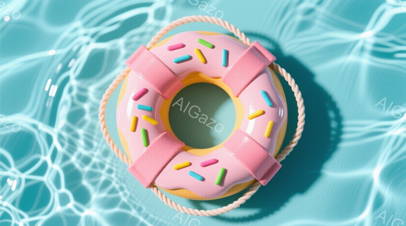 鮮やかな水色の水面に、ドーナツ型の浮き輪が浮かんでいます。ピンク色のアイシングと黄色い縁取り、カラフルなスプリンクルが可愛らしい印象を与えます。水面の光の反射が、浮き輪の形を強調し、夏らしい爽やかな雰囲気を醸し出しています。