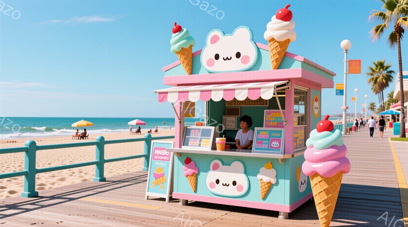 明るい青空の下、木製の遊歩道に可愛らしいアイスクリーム屋台が建っています。茶色の髪を短く切った女性が、笑顔でアイスクリームを準備しており、屋台は大きなアイスクリームの形をした装飾と、パステルカラーで彩 - AI生成フリー素材