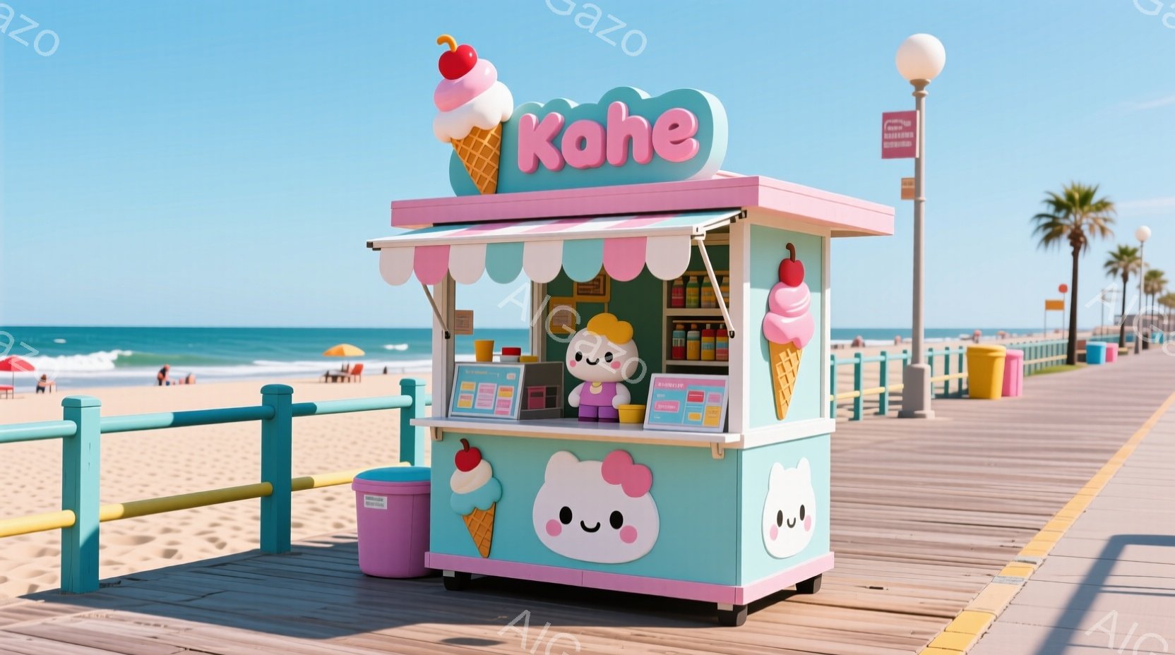 鮮やかなピンクと水色の可愛いアイスクリーム屋台が、木製の遊歩道に置かれています。屋台には、大きな笑顔のキャラクターが描かれており、メニューや商品が並んでいます。背景には青い海、砂浜、ヤシの木が見え、晴 - AI生成フリー素材
