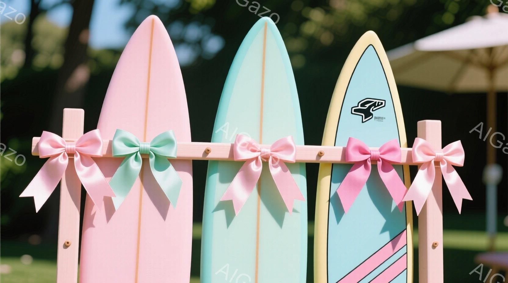 明るいピンク、薄い緑、水色、ピンクのサーフボードが、木製の柵に立てかけられて並んでいる。それぞれのリボンが飾られており、背景には緑豊かな芝生とぼやけた建物の輪郭が見える。全体的に、明るく軽快な雰囲気で - AI生成フリー素材
