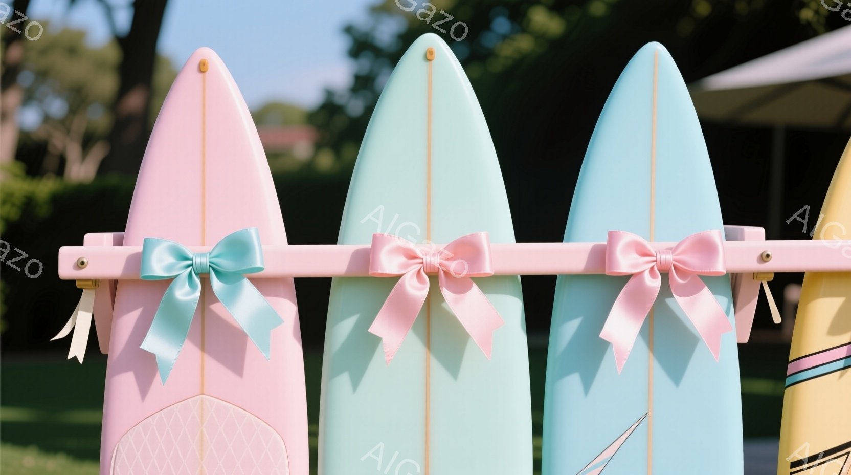 パステルピンクと水色のサーフボードが並べられています。各ボードには、それぞれ異なる色のリボンが結ばれており、穏やかで優しい雰囲気を醸し出しています。背景には緑豊かな植物と青空が見え、晴れた日のリゾート - AI生成フリー素材
