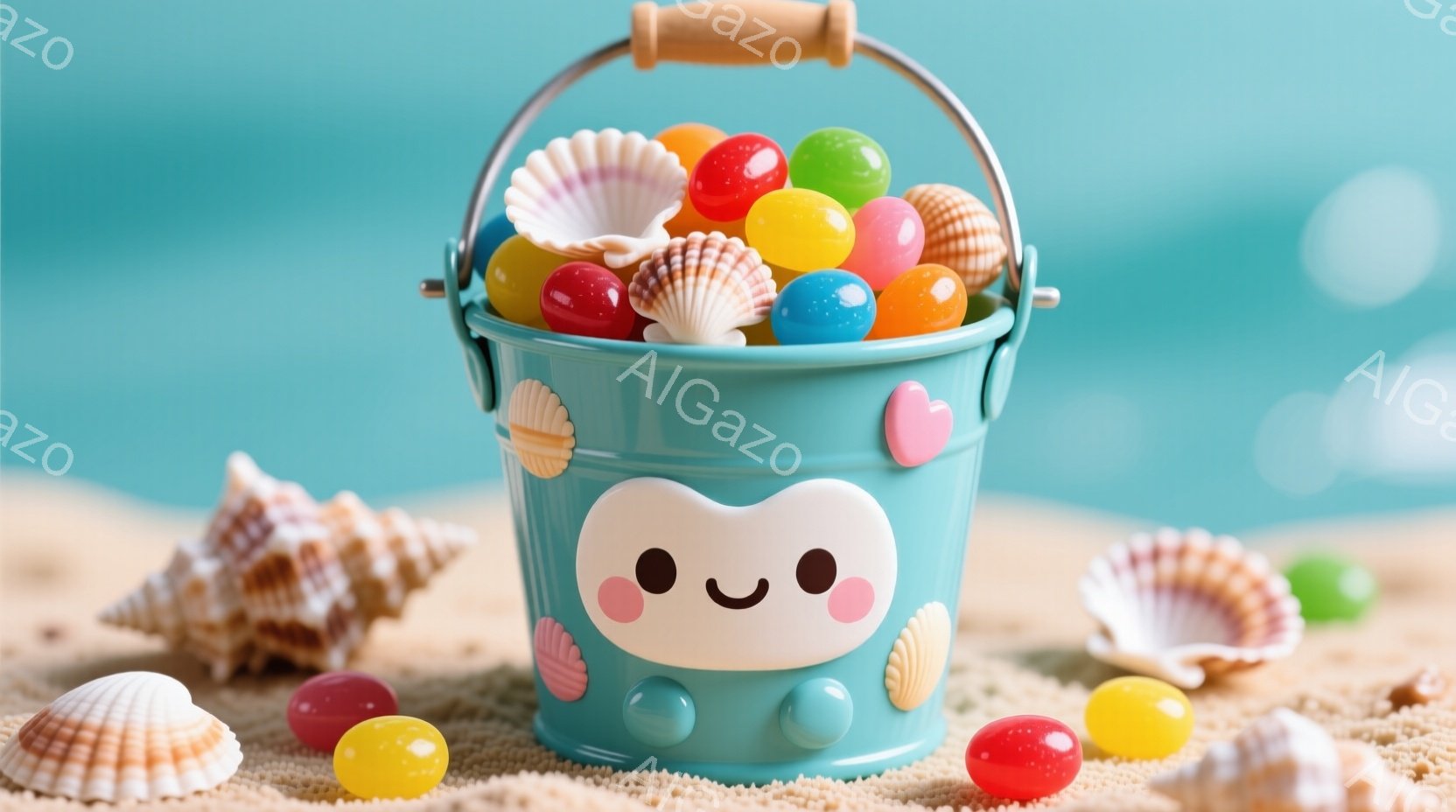 水色のバケツが砂浜に置かれ、中にカラフルな貝殻とゼリービーンズが満たされています。バケツには可愛らしい顔が描かれており、周りにはさまざまな種類の貝殻が散らばっています。背景は明るい青空と砂浜で、夏らしい穏やかな雰囲気を醸し出しています。