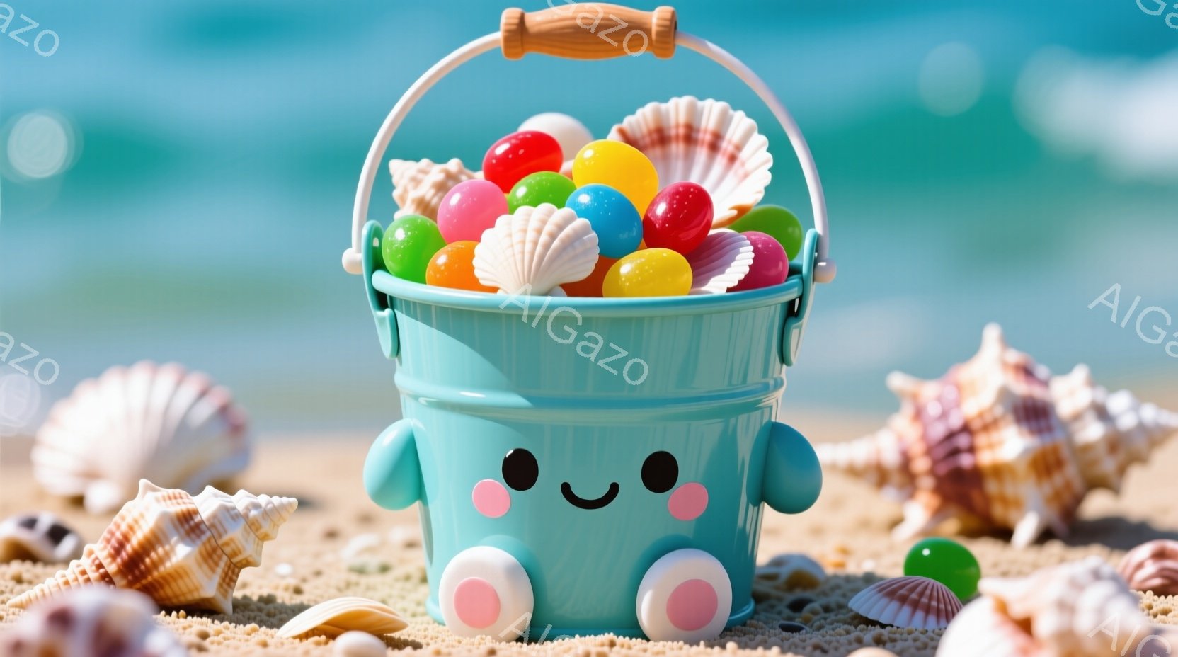 水色のバケツが砂浜に置かれており、中にカラフルなキャンディや貝殻がぎっしりと詰まっています。バケツには可愛らしい顔が描かれており、周りには様々な形の貝殻が散らばっています。背景は穏やかな青い海と砂浜で - AI生成フリー素材