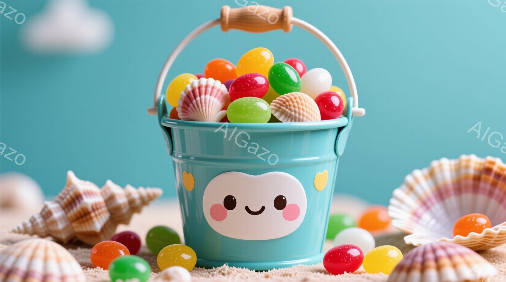 水色のバケツが砂浜の上に置かれ、カラフルなゼリーと貝殻で満たされています。バケツには可愛らしい笑顔の顔が描かれており、全体的に明るく楽しい雰囲気です。背景は水色で、雲がわずかに見え、夏らしい穏やかな海辺の情景が表現されています。