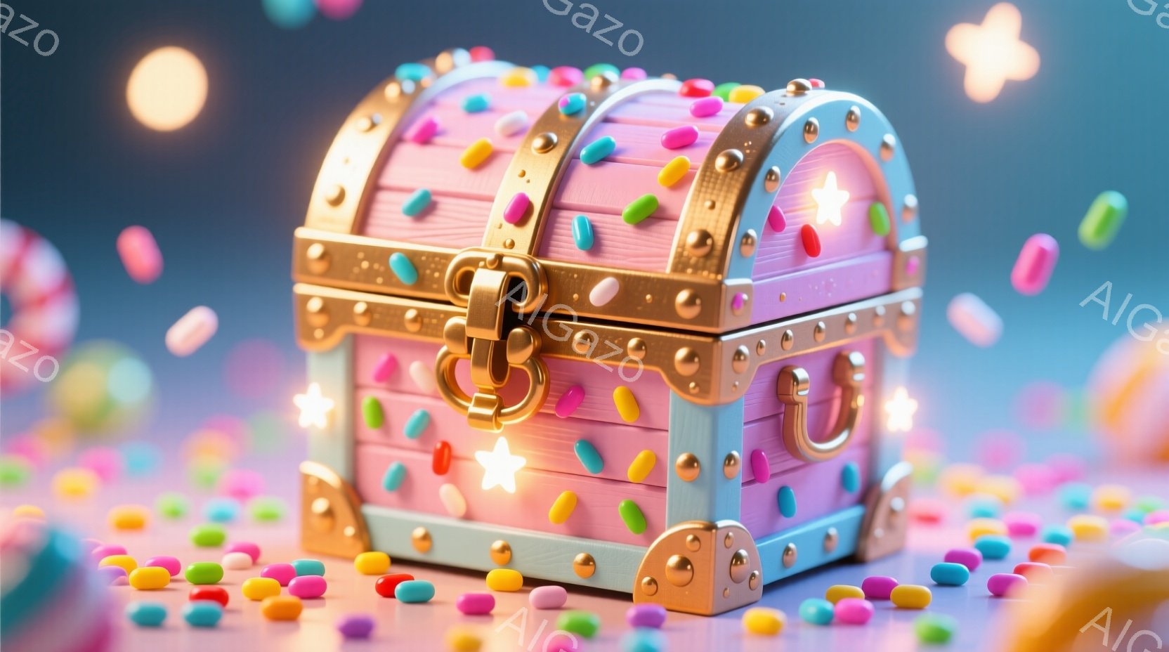明るいピンク色の宝箱が、散らばったカラフルなキャンディーに囲まれて描かれています。宝箱は金色の金具で装飾され、星形のアクセントが施されています。背景はぼやけた虹色で、キラキラとした光の粒子が舞い、全体的に夢のような、お菓子の国のような雰囲気を醸し出しています。