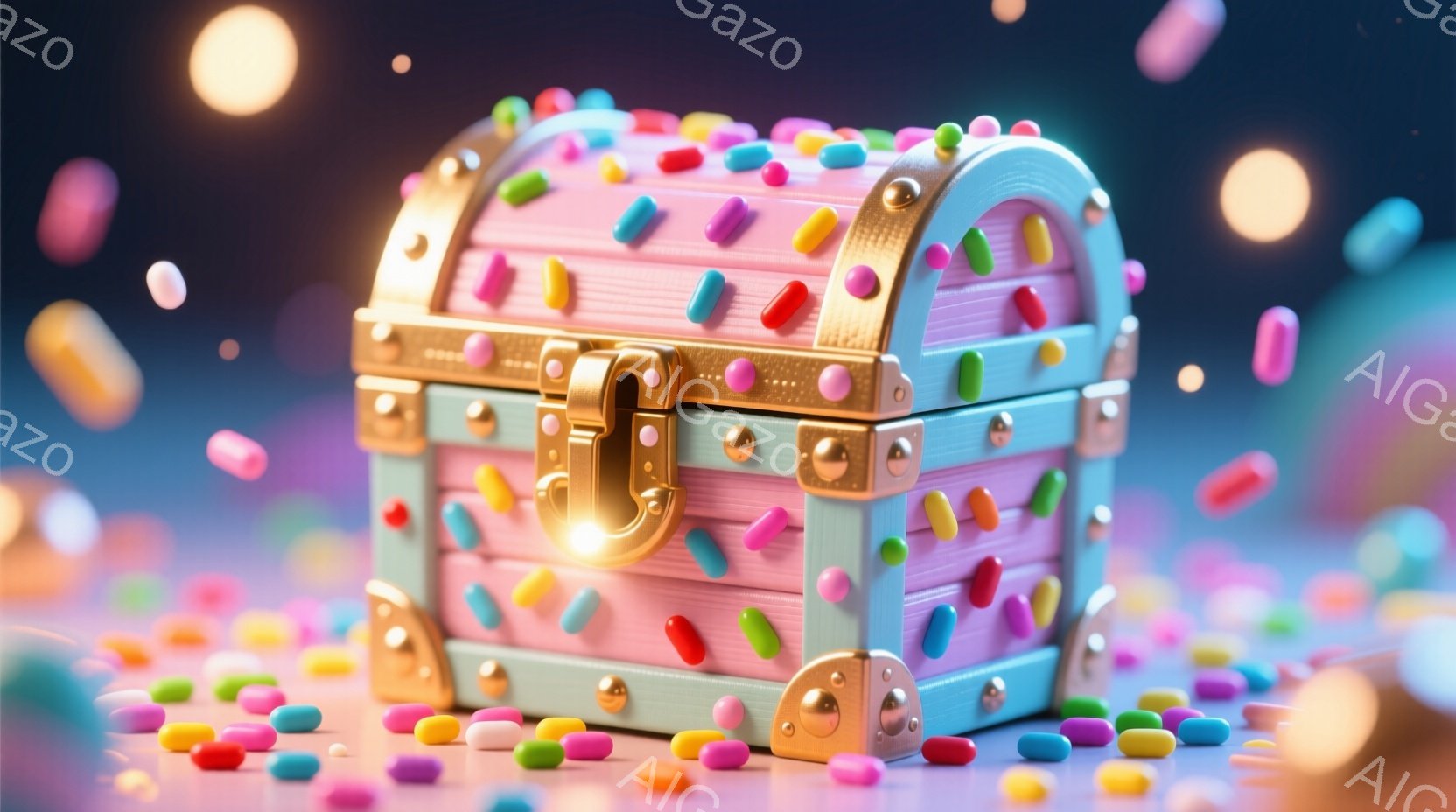 淡いピンク色の宝箱が、カラフルなゼリービーンズで埋め尽くされた背景に置かれています。宝箱は水色とピンクのストライプで装飾され、金色の金具がアクセントになっています。背景には、様々な色のゼリービーンズが舞い散り、楽しげで夢のような雰囲気を醸し出しています。