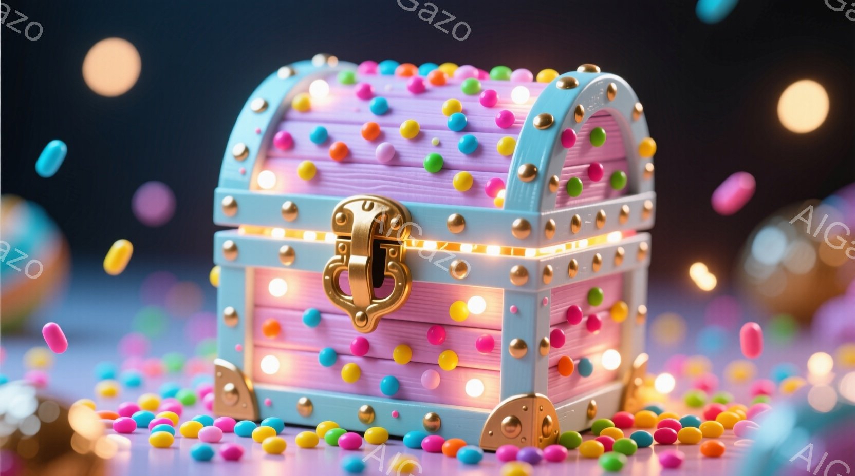 鮮やかなピンク色の宝箱が、カラフルなキャンディのような粒で埋め尽くされた床の上に置かれている。宝箱はわずかに光っており、金色の留め金と装飾が施され、ファンタジーのような雰囲気を醸し出している。背景は暗く、ぼやけた光の粒子が散りばめられており、宝箱とキャンディが際立っている。