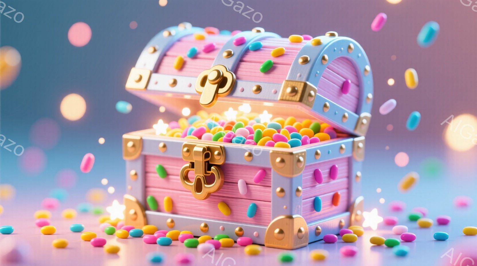 薄いピンク色の宝箱が開き、カラフルなキャンディのような粒々が溢れ出しています。宝箱の縁や留め金は金色で、明るい水色のラインがアクセントになっています。背景はぼやけたパステルカラーで、光の粒子が舞い散っており、夢のような幻想的な雰囲気です。