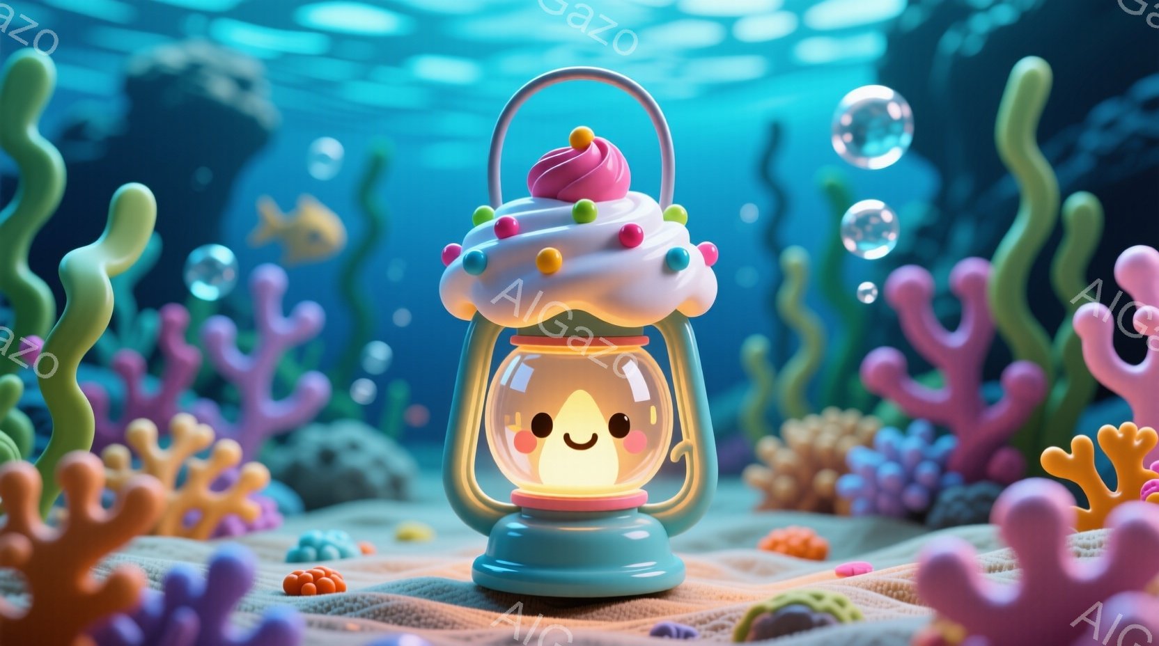明るい水色の提灯が、クリームとイチゴがトッピングされたケーキのようにデザインされており、中心部分が暖かく光るように表現されている。背景は、ピンクとオレンジ色のサンゴ礁が広がる海底で、小さな泡が漂ってい - AI生成フリー素材