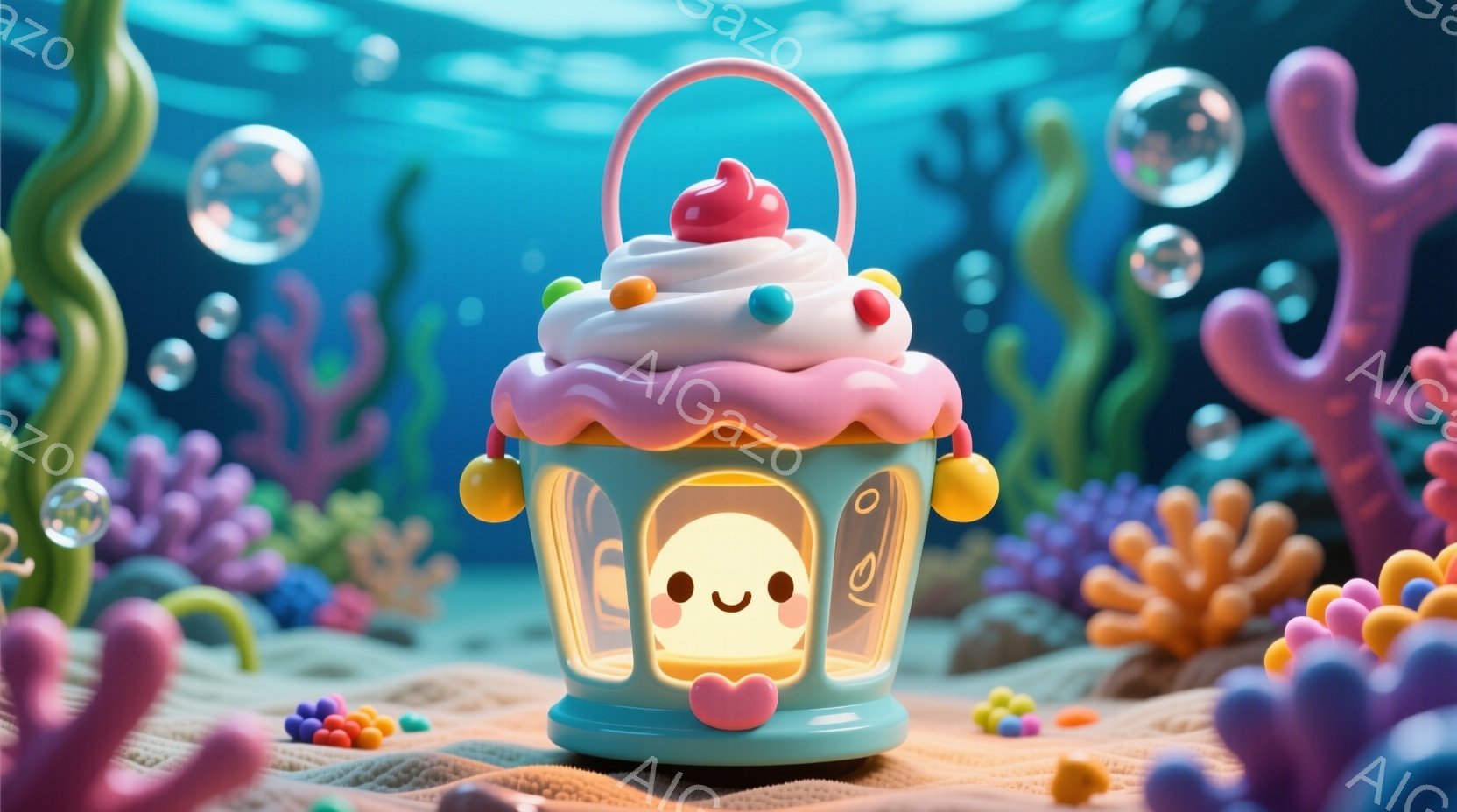 明るい水中で、クリーム色の小さなキャラクターが、ターコイズ色の建物の中にいます。建物はカラフルなキャンディのような装飾が施されており、ピンク色のクリームとカラフルなスプリンクルで飾られた屋根が特徴です - AI生成フリー素材