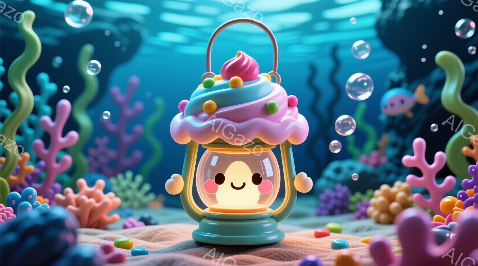 鮮やかな珊瑚礁を背景に、かわいらしいランタンが配置されています。ランタンの中には、笑顔の顔が光を放ち、まるで生きているかのような愛らしさを醸し出しています。背景には、カラフルな珊瑚や小さな魚が配置され、幻想的で遊び心に満ちた水中の世界が表現されています。