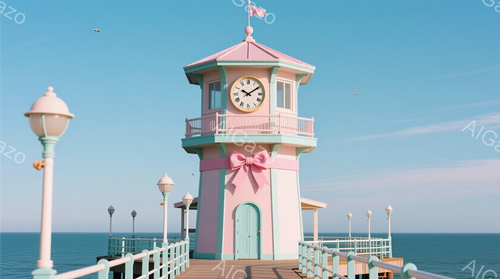 淡いピンクと水色の可愛らしい時計台が、桟橋の上に立っている。青い空と穏やかな海が背景に広がり、桟橋には白い街灯が並んでいる。全体的に柔らかく、夢のような雰囲気で、穏やかな夏の日の風景が表現されている。