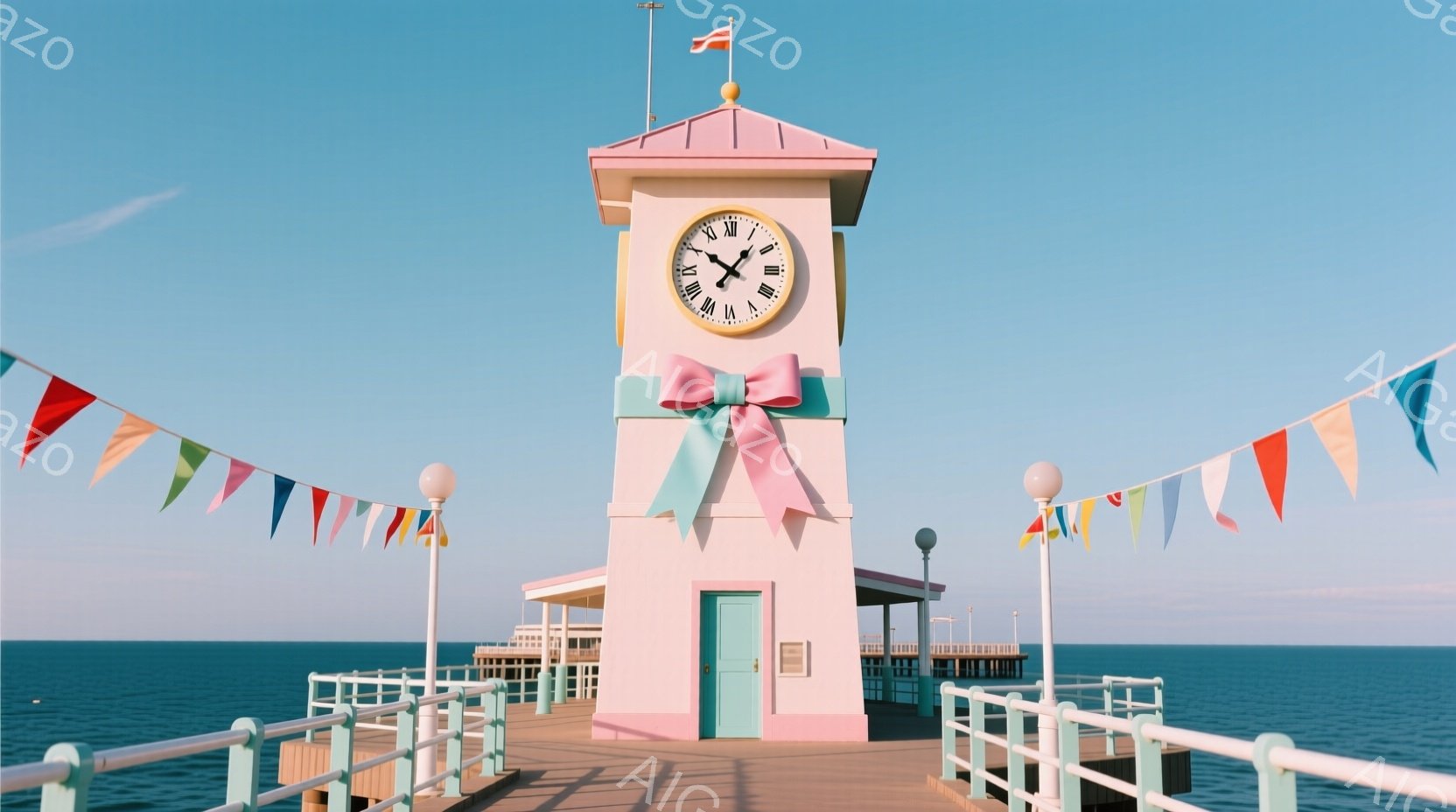 淡いピンク色の可愛らしい時計台が、桟橋の上に建っています。ターコイズブルーのドアと大きなリボンがアクセントになっており、カラフルな旗と白い風船が桟橋を飾り、穏やかな海と青空が広がっています。全体的に明るく、お祭りやイベントを予感させる、楽しい雰囲気です。