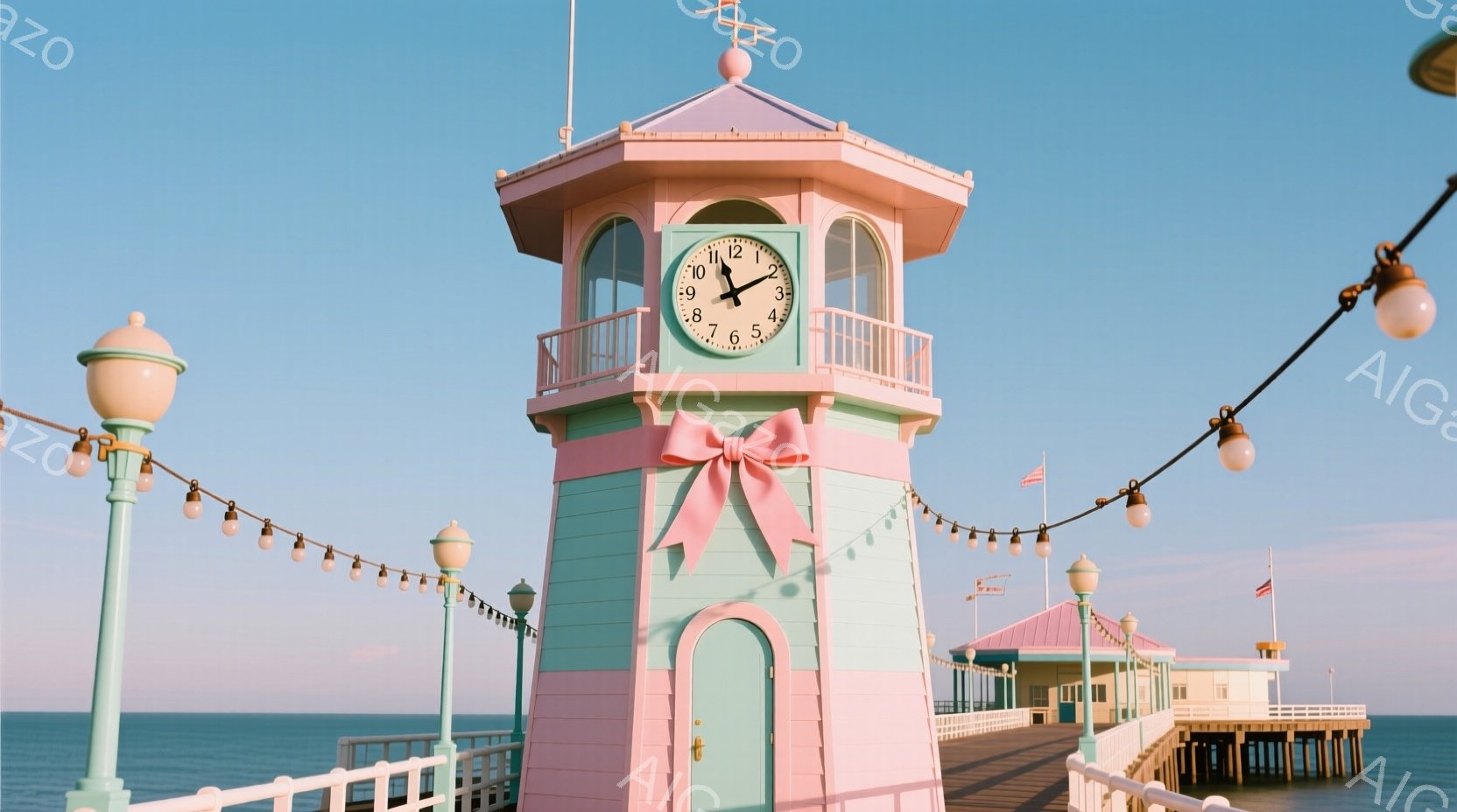 明るい水色の塔が、ピンクの装飾と大きなリボンで飾られています。背景には青い海と、桟橋が広がり、アメリカ国旗がはためいています。全体的に、穏やかで楽しい、夏らしい雰囲気です。