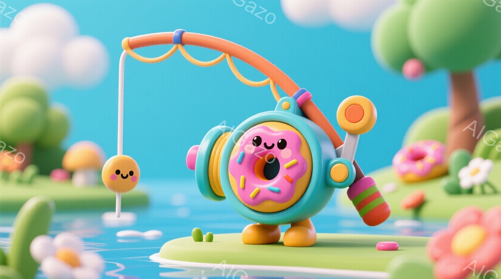 ドーナツ型の顔をしたカラフルなリールが、水面で釣りを楽しんでいます。背景には、青い水面、緑の芝生、ピンクの花、そして丸い形をした木々が描かれており、明るく陽気な雰囲気を醸し出しています。全体的にパステルカラーで統一され、可愛らしい世界観が表現されています。
