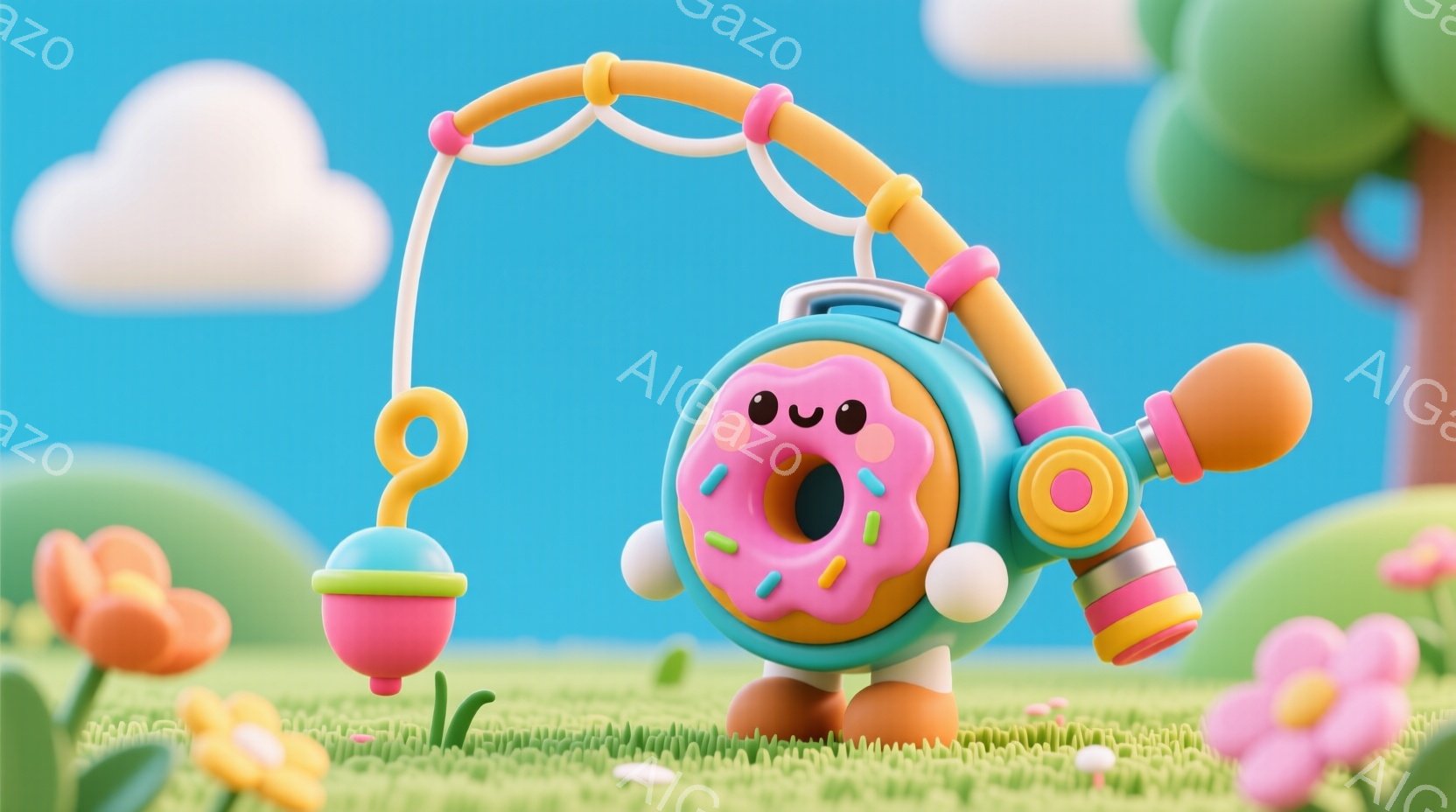 ドーナツ型のロボットが緑の草の上に立っており、片手にピストル型の装置、もう片手に釣り竿のようなものを握っています。背景には、ピンクとオレンジの花、そしてパステルグリーンの丘と青い空が見え、全体的に明るく可愛らしい雰囲気が漂っています。ロボットは口を開けて驚いているか、何かを叫んでいるような表情をしています。