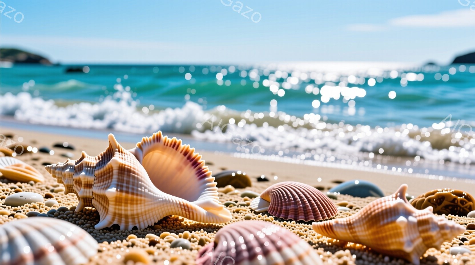 砂浜に様々な貝殻が散らばっており、日差しに照らされて暖かく輝いている。背景には穏やかな青い海が広がり、波がキラキラと光っている。全体的に、のどかで平和な夏の日の海岸の雰囲気が漂っている。 - AI生成フリー素材