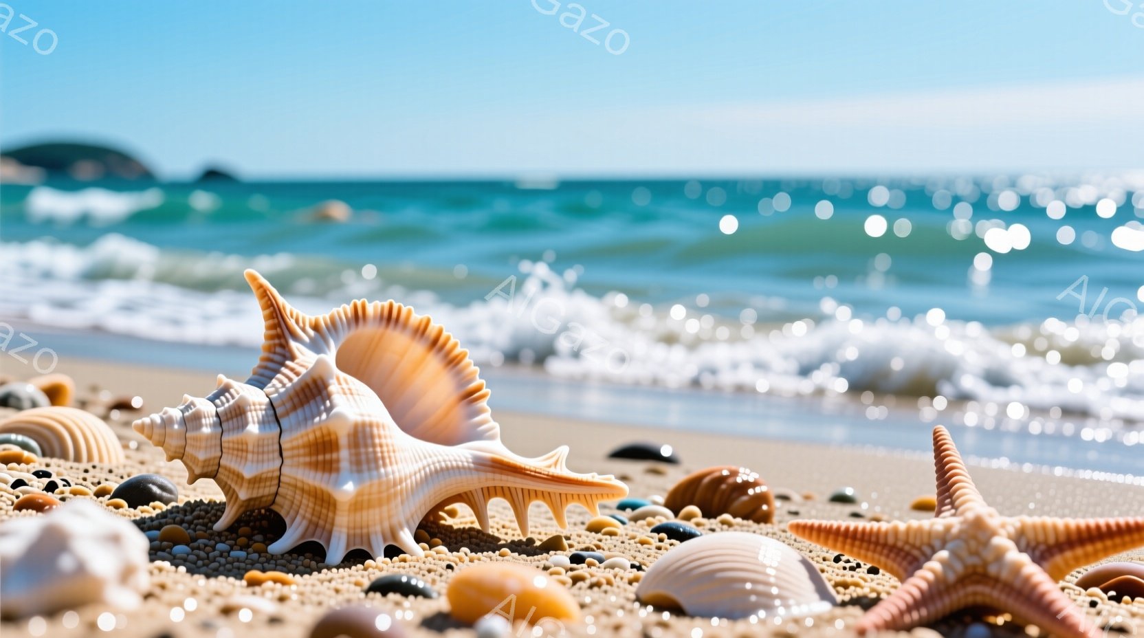 砂浜に様々な貝殻やヒトデが散らばっており、穏やかな波が背景に広がっています。太陽光が水面で反射し、キラキラと輝き、暖かく穏やかな雰囲気を醸し出しています。貝殻の色とりどりのコントラストと、波の青さが鮮 - AI生成フリー素材