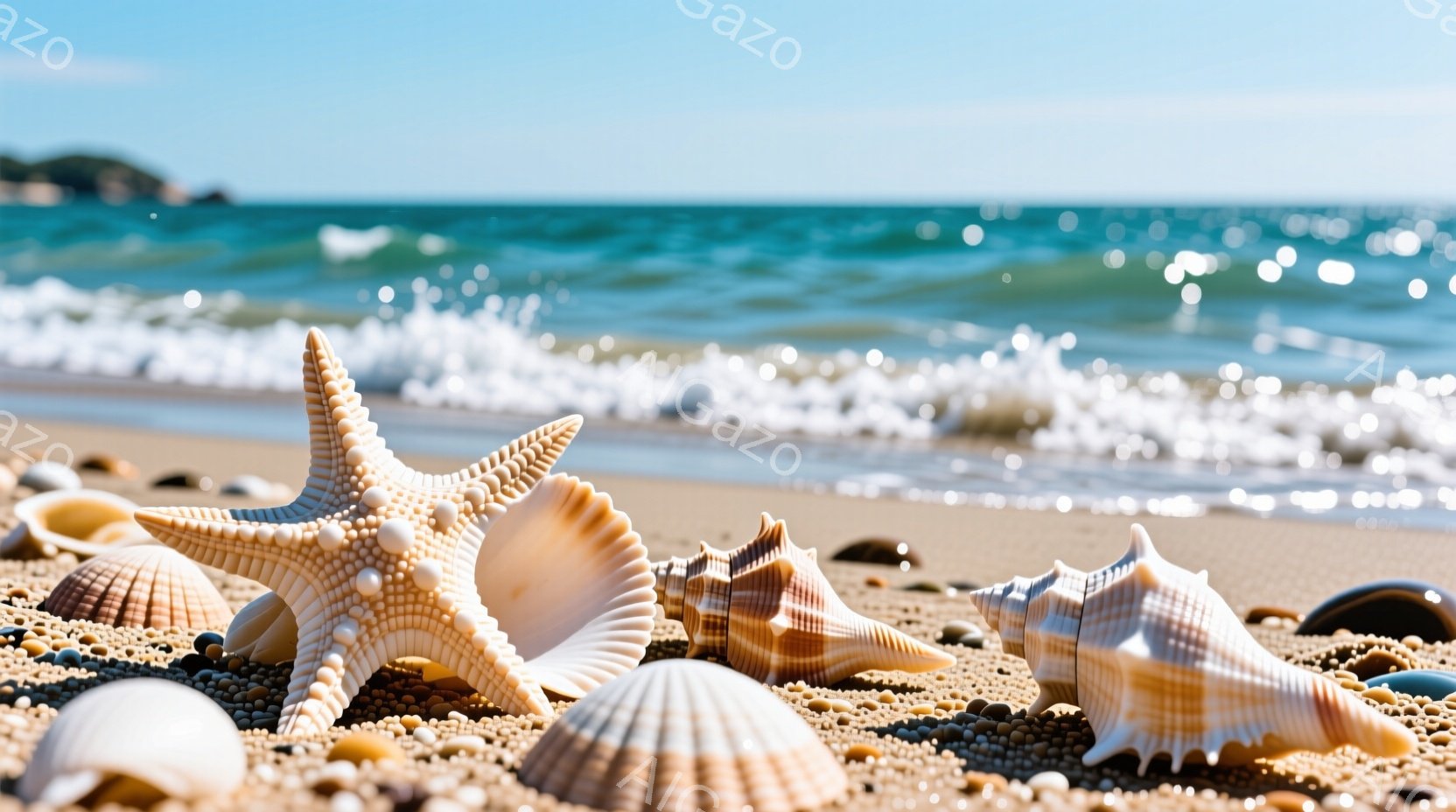 白い砂浜に様々な貝殻とヒトデが散らばっている風景です。背景には穏やかな青い海が広がり、白い波が静かに打ち寄せている様子が伺えます。全体的に穏やかで、夏の日の静けさを感じさせる、リラックスした雰囲気の画 - AI生成フリー素材